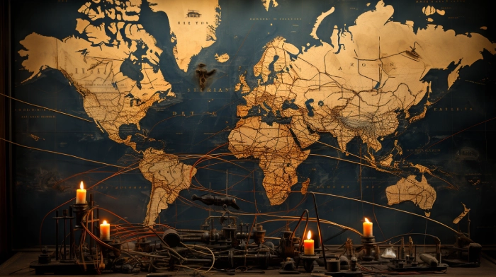 A map of the world showing transatlantic cables for telegraphs